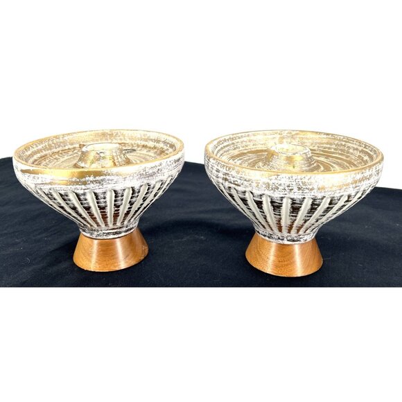 Haeger Gold Tweed Glaze Candleholders 22kt Lot of 2 Ceramic 4" Tall Wood Base - Picture 1 of 12